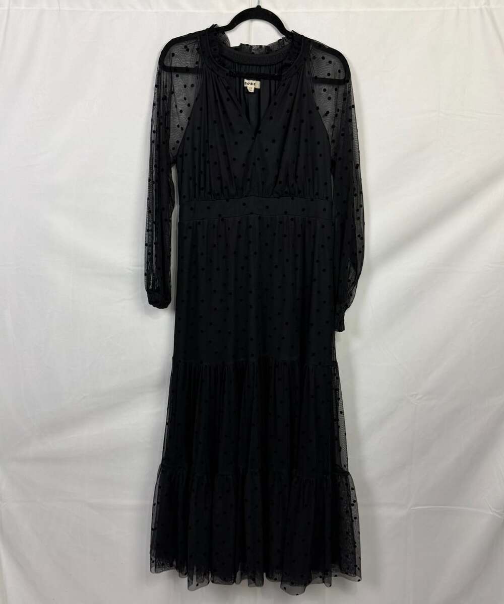 Boden Women Black Polka Dot Mesh Maxi Dress Long Sleeve Sz 10 Long